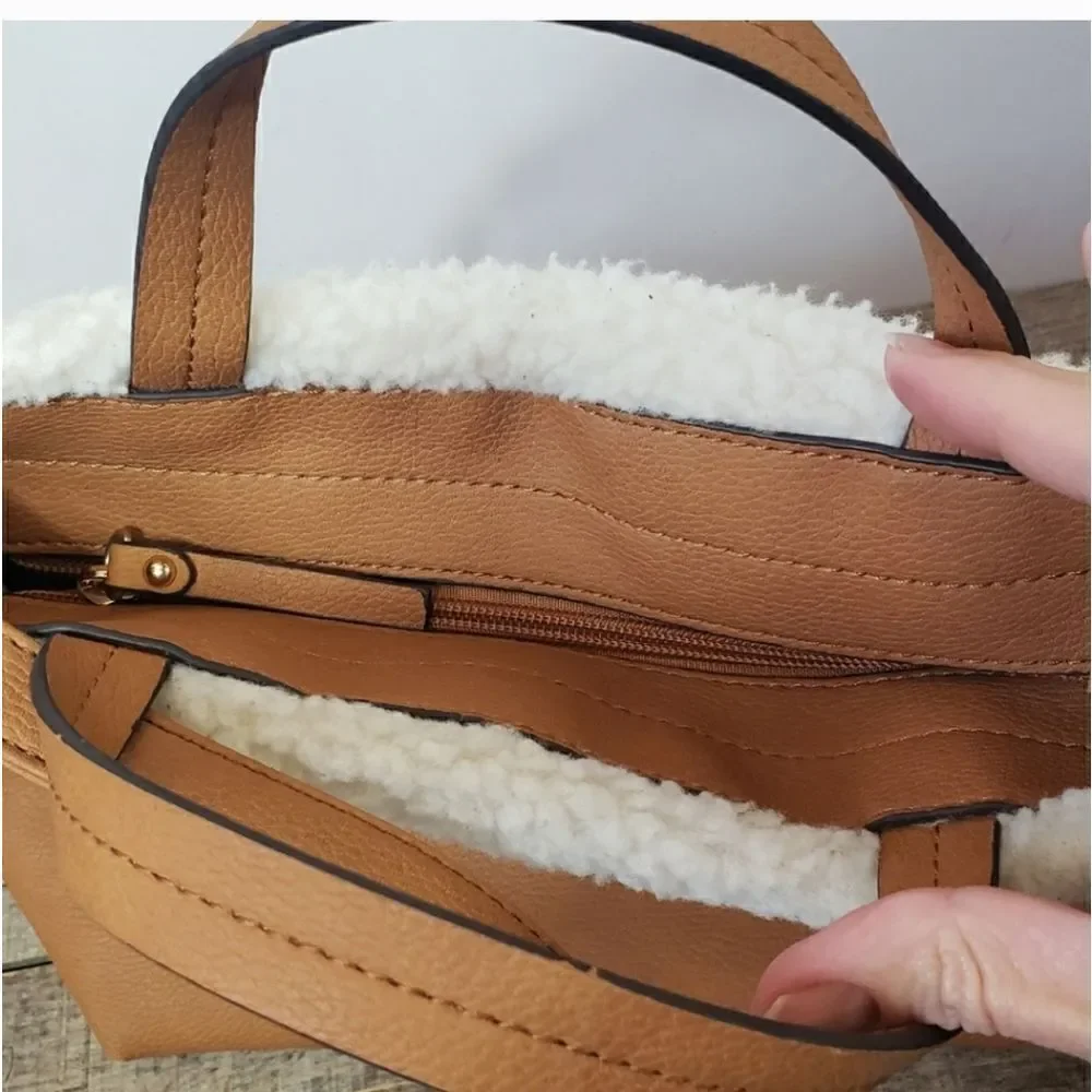 NANETTE LEPORE Sherpa & Vegan Faux Leather 2 In 1 Crossbody Or Hand Bag